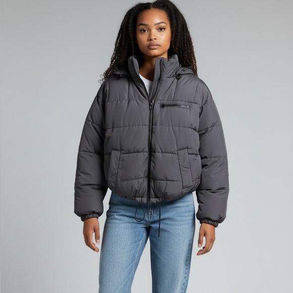 Urban Outfitters Black Hooded Cropped Puffer Jacket | Cozy Winter Coat Small - Picture 2 of 4